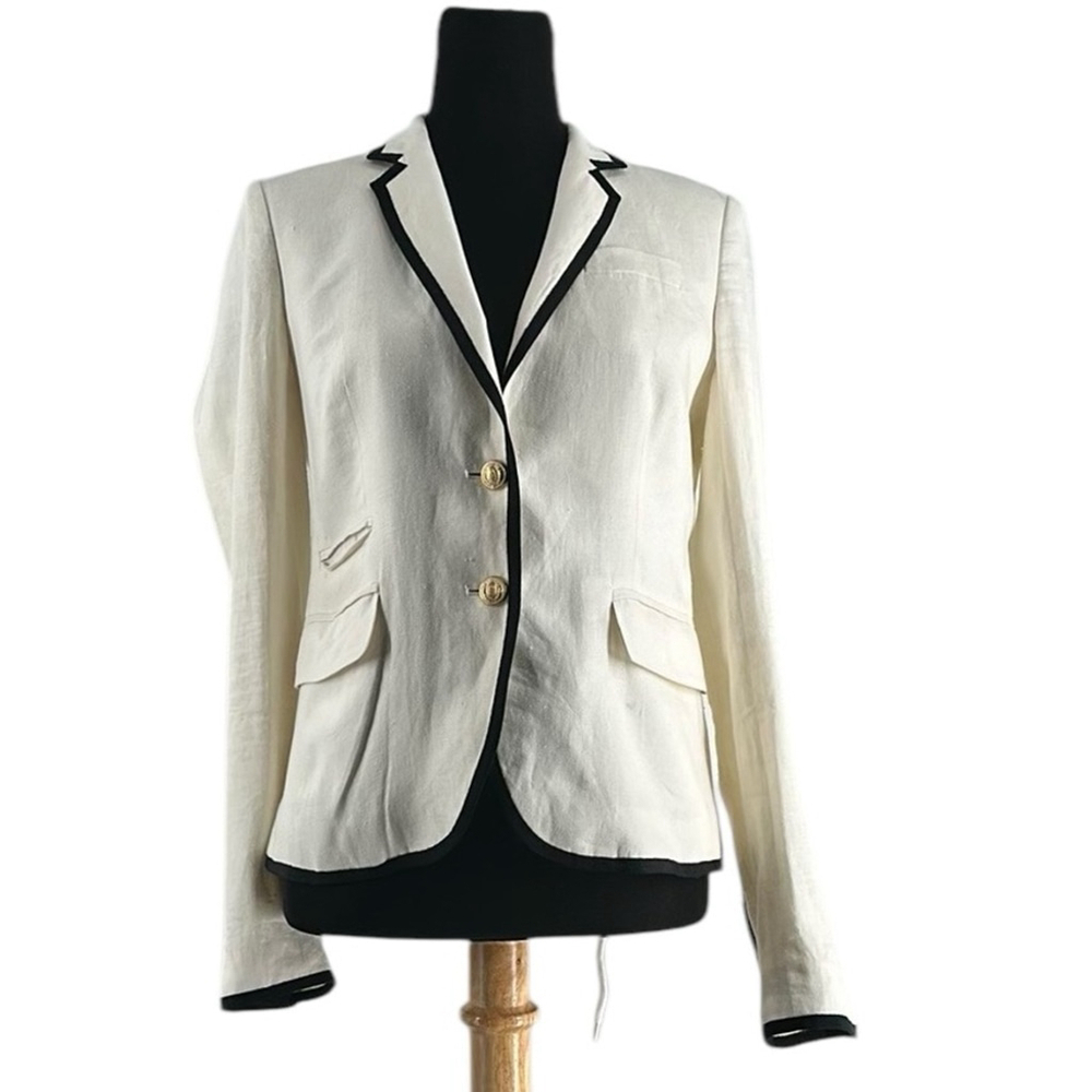 J Crew Schoolboy Ivory Linen Blazer Black Trim Detail preppy academic nautical
